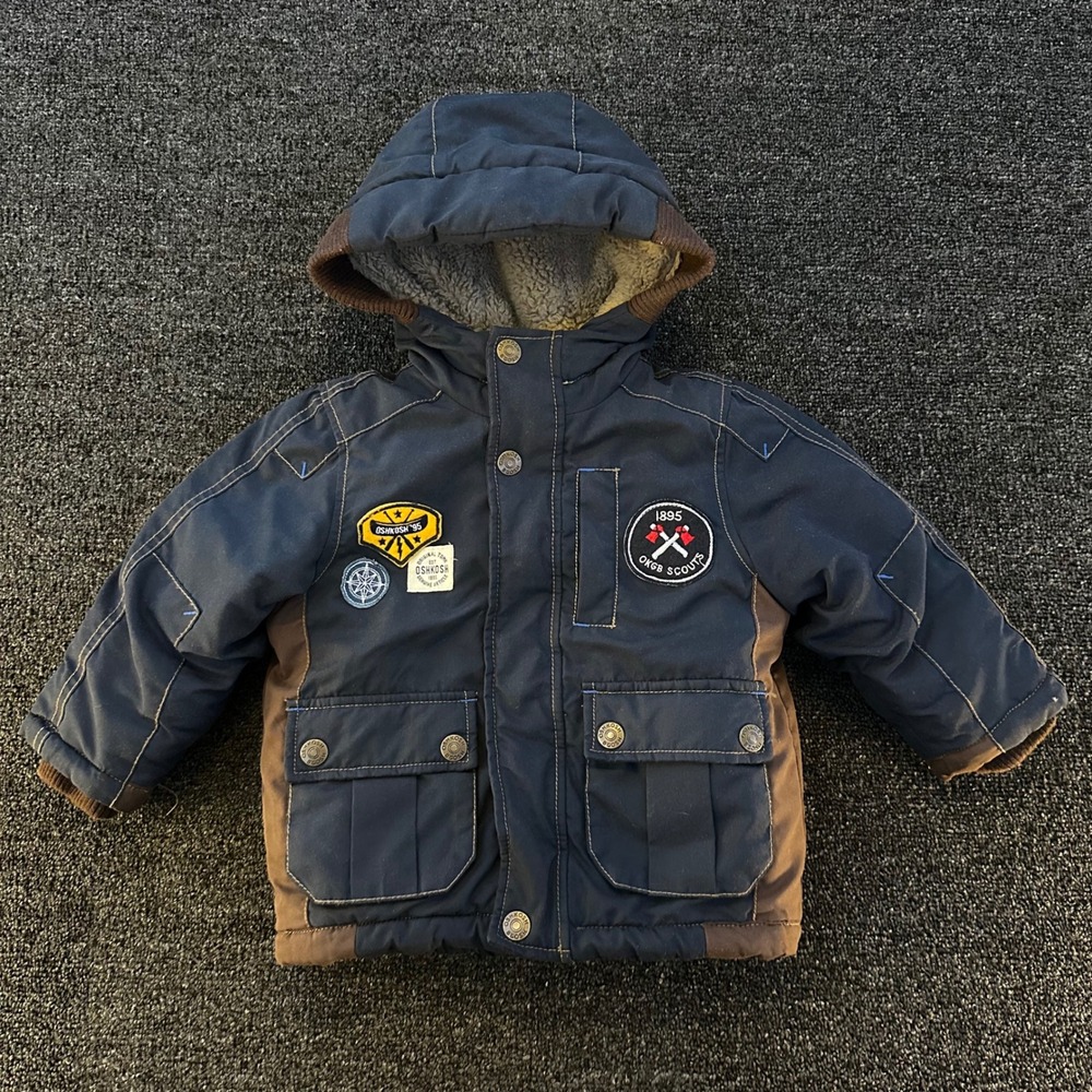 OshKosh B'gosh Parka Jacket Boys 2T Navy Blue Good Fleece Lined Hooded Patches